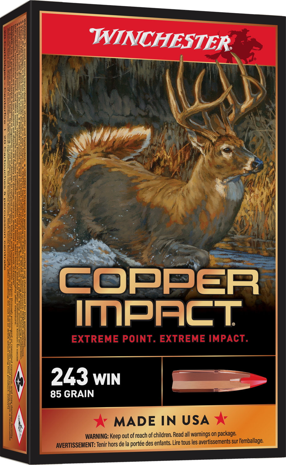 Winchester Rifle Ammunition X243DSLF, 243 Win, Copper Extreme Point, 85 gr, 3260 fps, 20 Rd/Bx