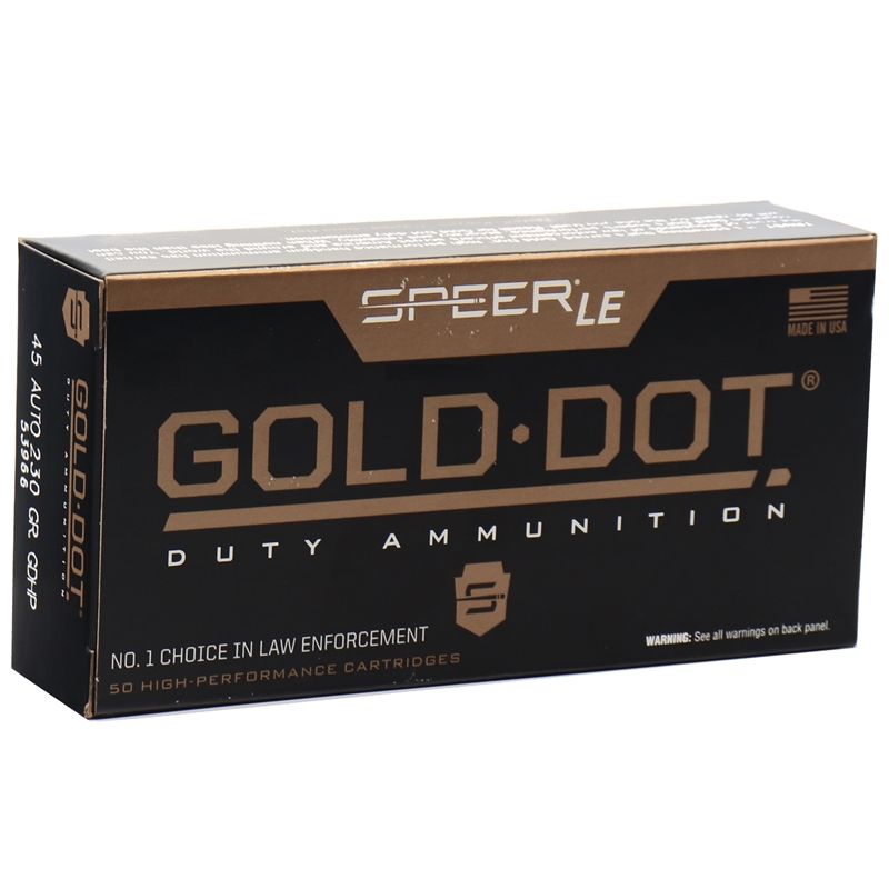 Speer Gold Dot Duty Handgun Ammunition 53966, 45 ACP, Gold Dot HP, 230 GR, 890 fps, 50 Rd/bx