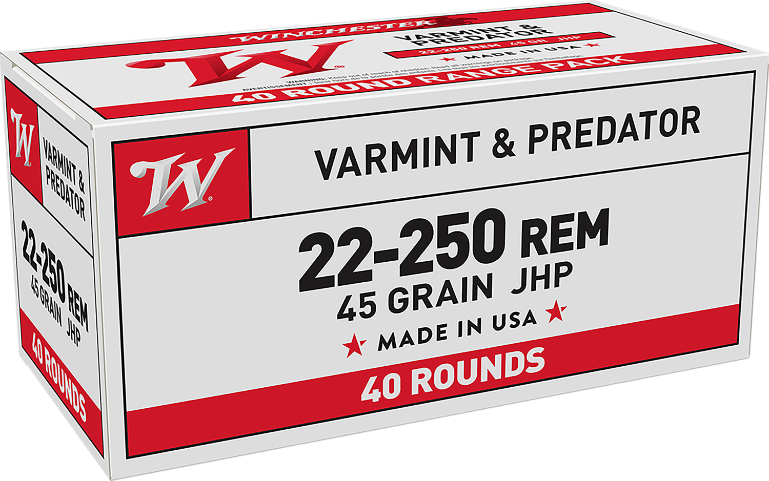 Winchester USA Rifle Ammunition USA222502, 22-250 Remington, Jacketed Hollow Point (JHP), 45 GR, 4000 fps, 40 Rd/bx