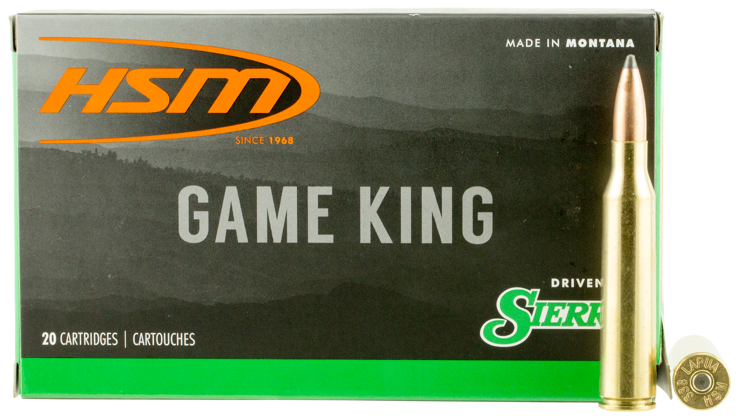 HSM Game King Rifle Ammunition 338LAP14N, 338 Lapua Mag, Spitzer Boat Tail, 215 GR, 3138 fps, 20 Rd/Bx