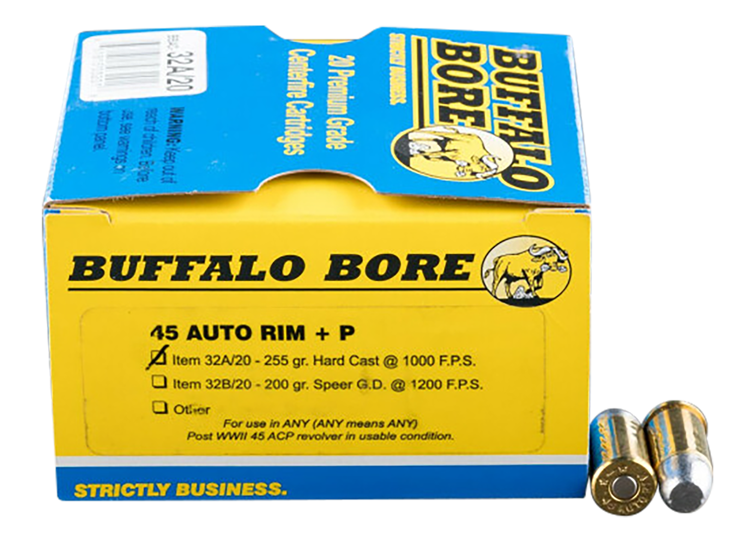 Buffalo Bore Handgun Ammunition 32A/20, 45 Auto Rim +P, Hollow Core Flat Nose (FN), 255 GR, 1000 fps, 20 Rd/Bx
