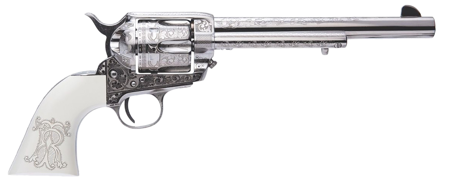 Cimarron Teddy Roosevelt Frontier Revolver PP415LNTRII, 45 Colt (LC), 7.50in, White w/Laser Engraved "T.R." Grips, Nickel-Plated Engraved Steel Finish, 6 Rds