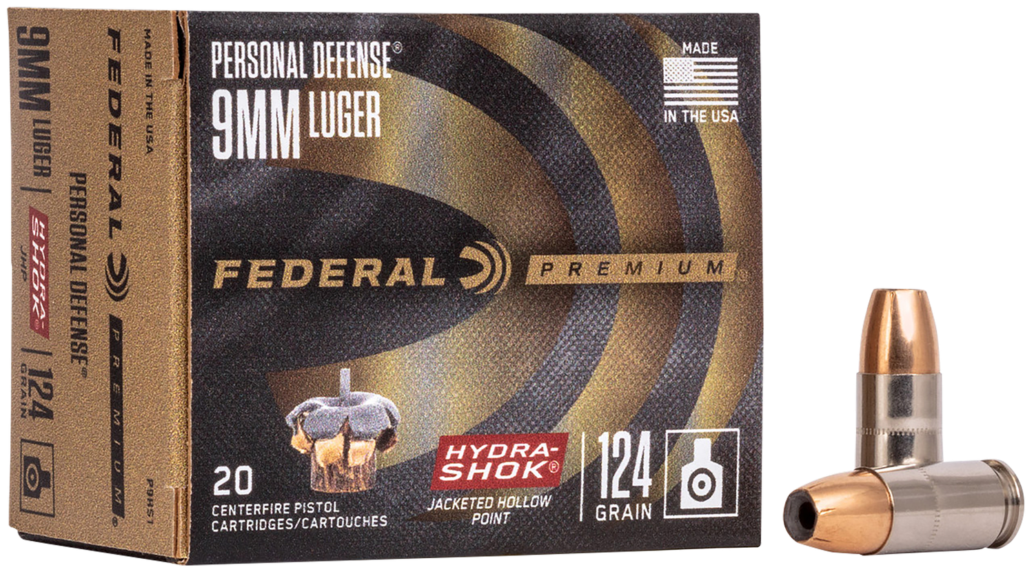 Federal Premium Vital-Shok Pistol Ammunition P9HS1, 9mm, Hydra-Shok JHP (JHP), 124 GR, 1120 fps, 20 Rd/bx