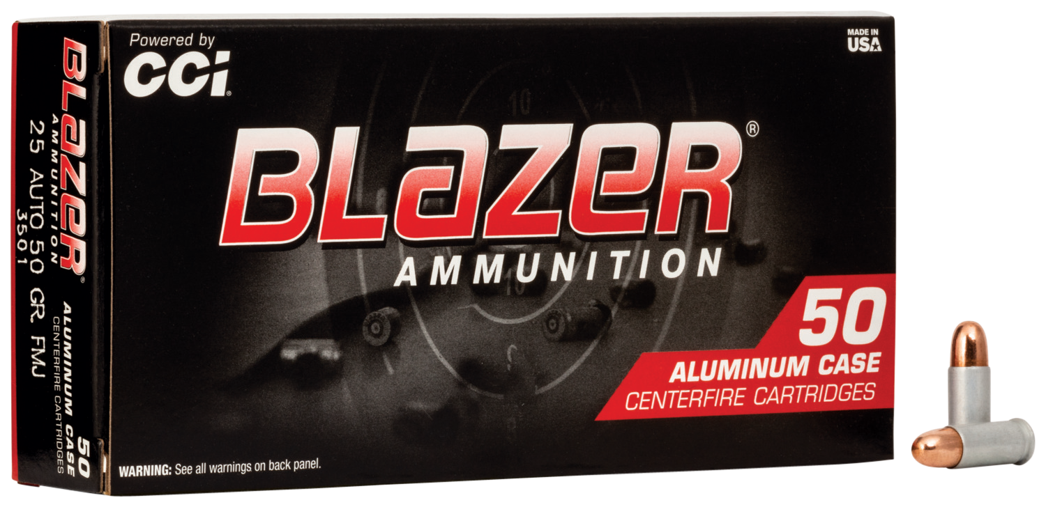 CCI Blazer Handgun Ammunition 3501, 25 ACP, Full Metal Jacket (FMJ), 50 GR, 755 fps, 50 Rd/bx