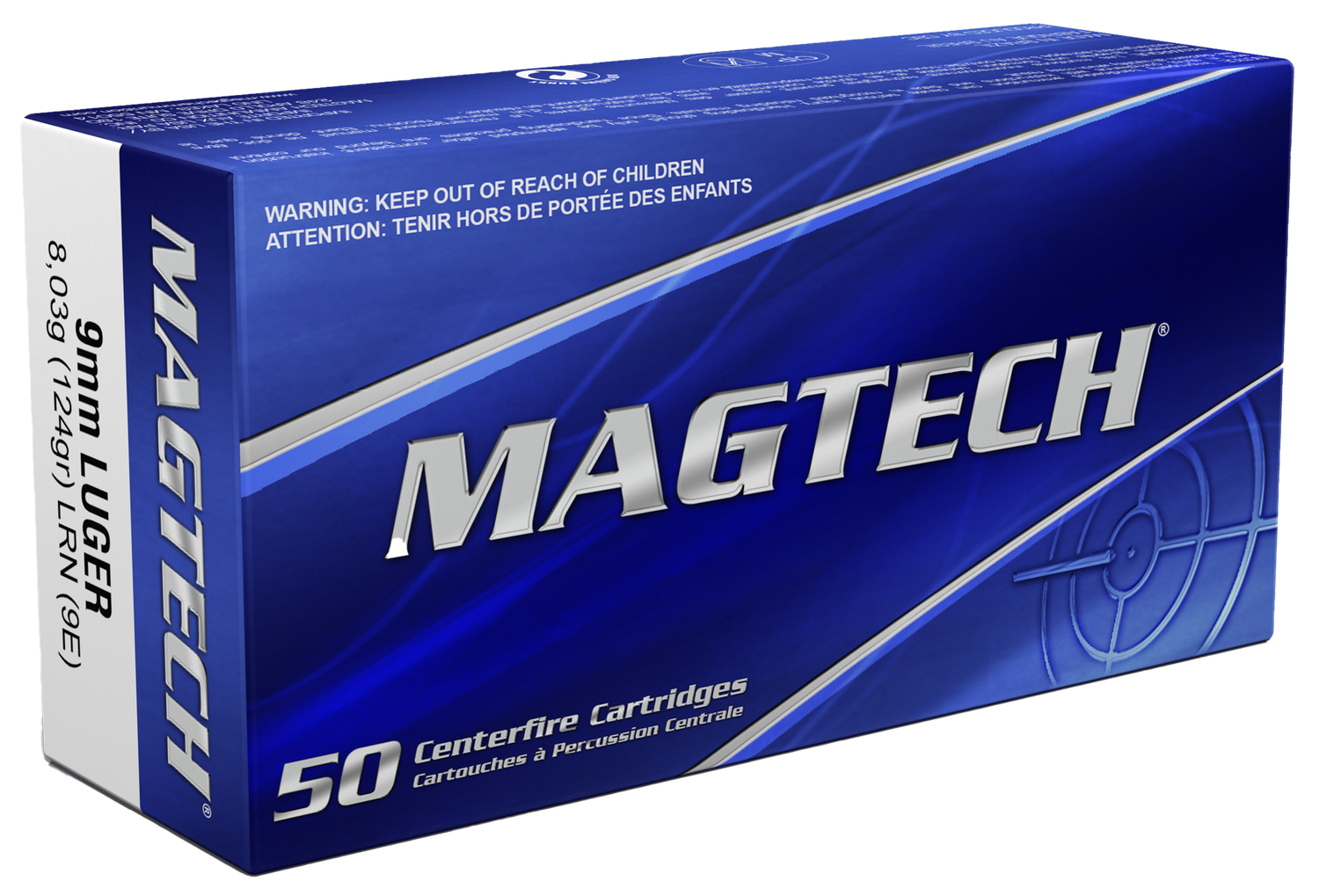 Magtech Sport HuntingPistol Ammunition 9E, 9mm, Lead Round Nose (RN), 124 GR, 1095 fps, 50 Rd/bx