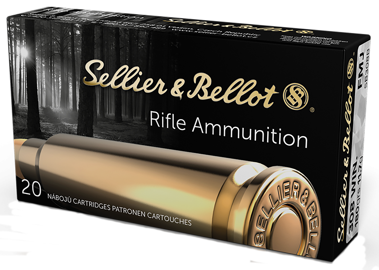 Sellier & Bellot Rifle Ammuntion SB308B, 308 Winchester, Full Metal Jacket (FMJ), 180 GR, 2500 fps, 20 Rd/bx