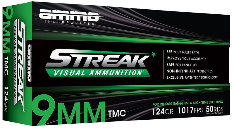 Ammo Inc Streak Visual (GREEN) Self Defense Pistol Ammunition 9124TMCSTRKGRN50, 9mm Luger, Total Metal Case, 124  GR, 1065  fps, 50 Rd/bx