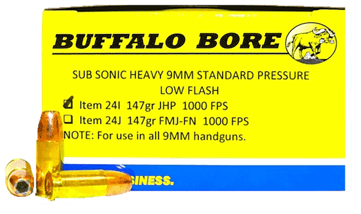 Buffalo Bore Subsonic Pistol Ammunition 24I/20, 9mm, Jacketed Hollow Point (JHP), 147 GR, 1000 fps, 20 Rd/bx