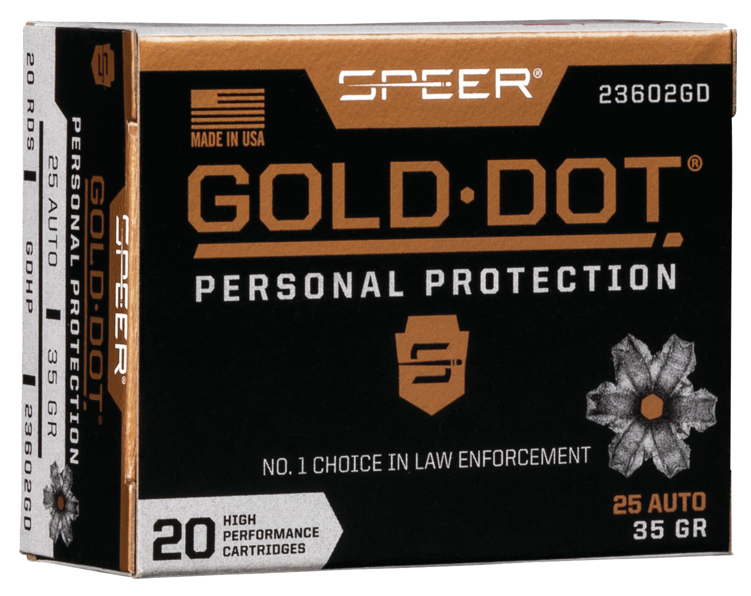 Speer Gold Dot Personal Protection Handgun Ammunition 23602GD, 25 ACP, Gold Dot HP, 35 GR, 900 fps, 20 Rd/bx