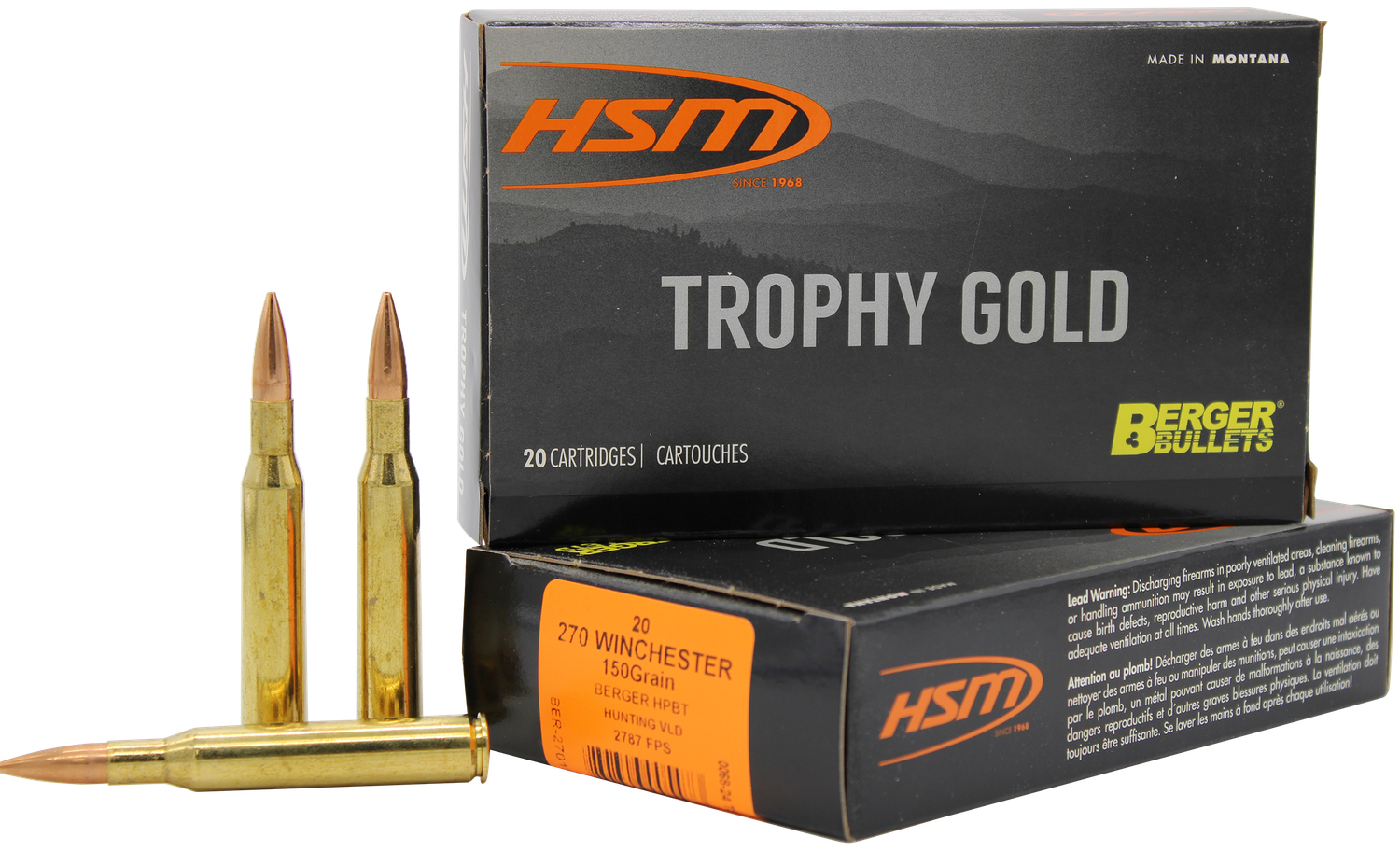 HSM Trophy Gold Rifle Ammunition 270150VLD, 270 Winchester, Berger Hunting VLD, 150 GR, 3048 fps, 20 Rd/bx