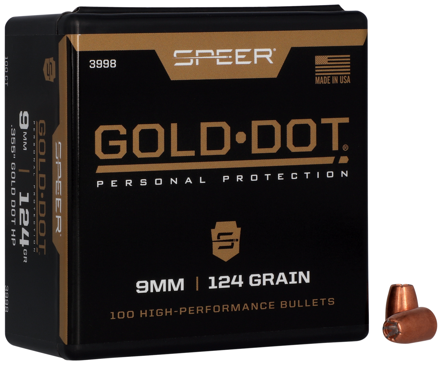 Speer 9MM Caliber 124 Grain Gold Dot Hollow Point 100/Box (3998), Not Loaded