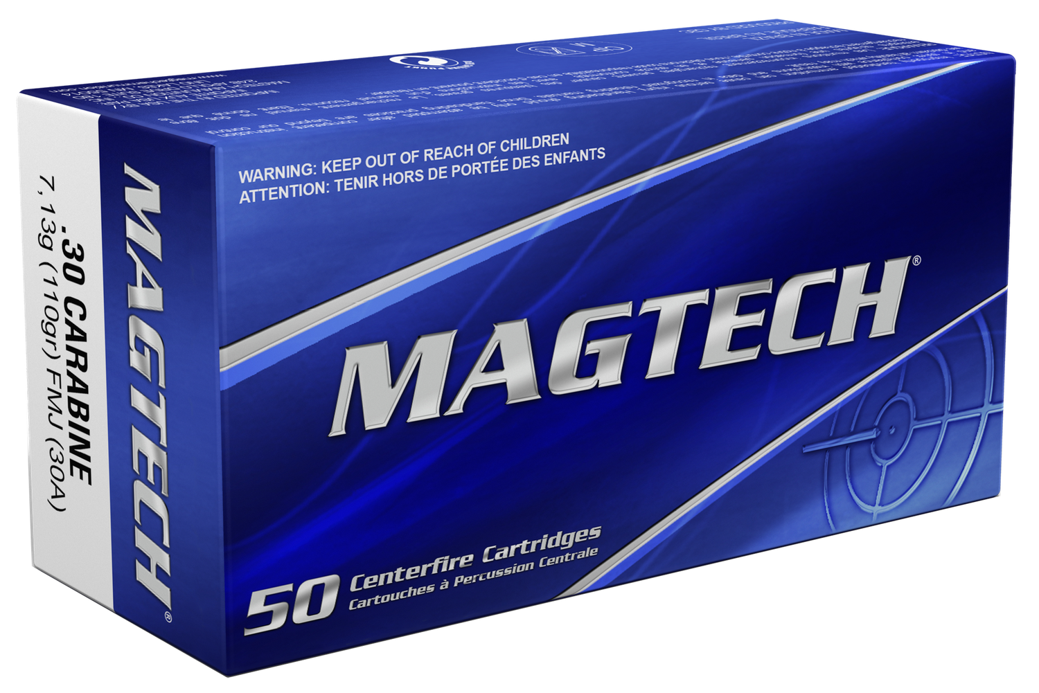 Magtech Sport Hunting Rifle Ammunition 30A, 30 Carbine, Full Metal Case (FMJ), 110 GR, 1990 fps, 50 Rd/bx