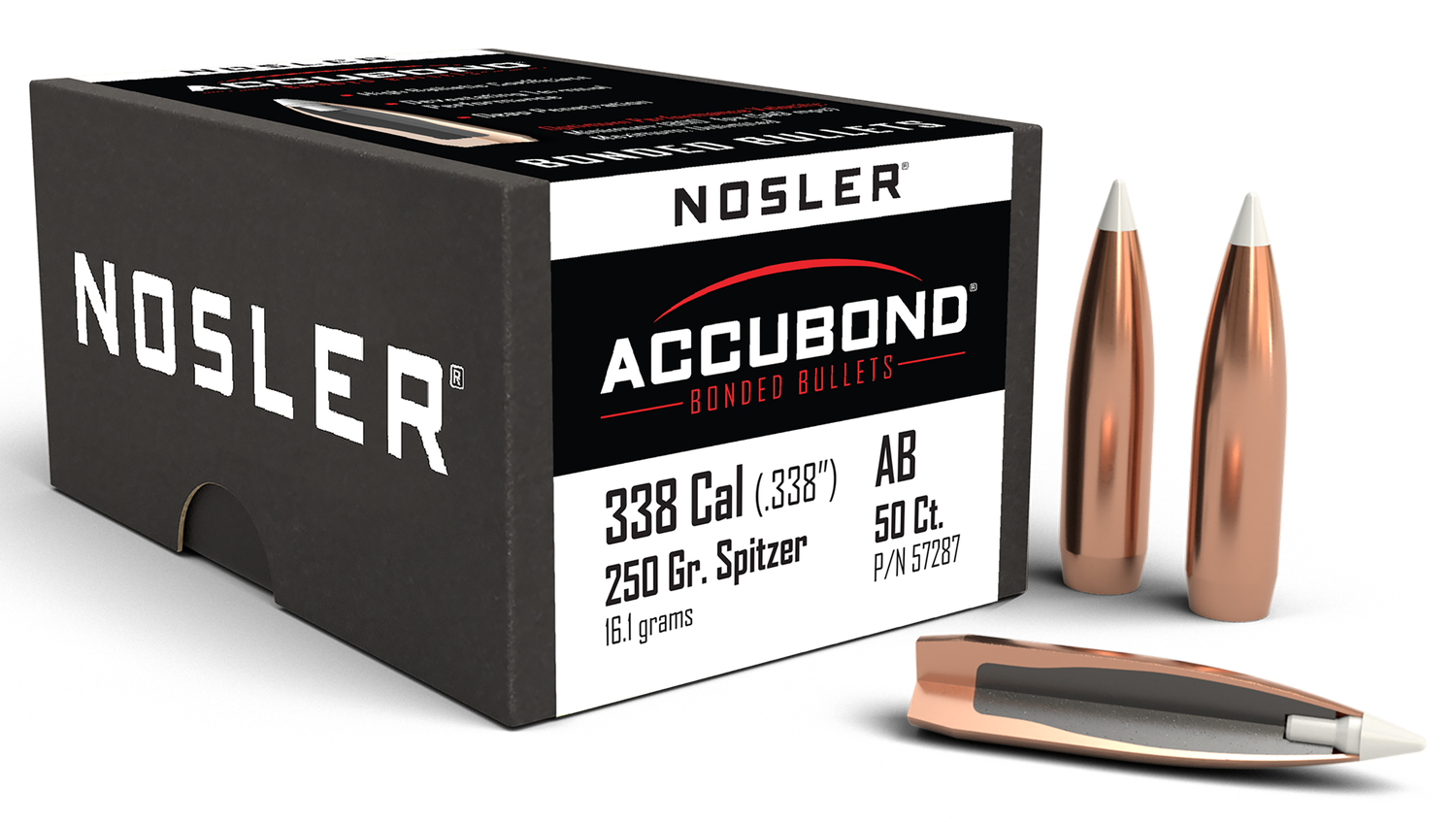Nosler AccuBond .338 Caliber 250 Grain Spitzer (57287), 50/Box, Not Loaded