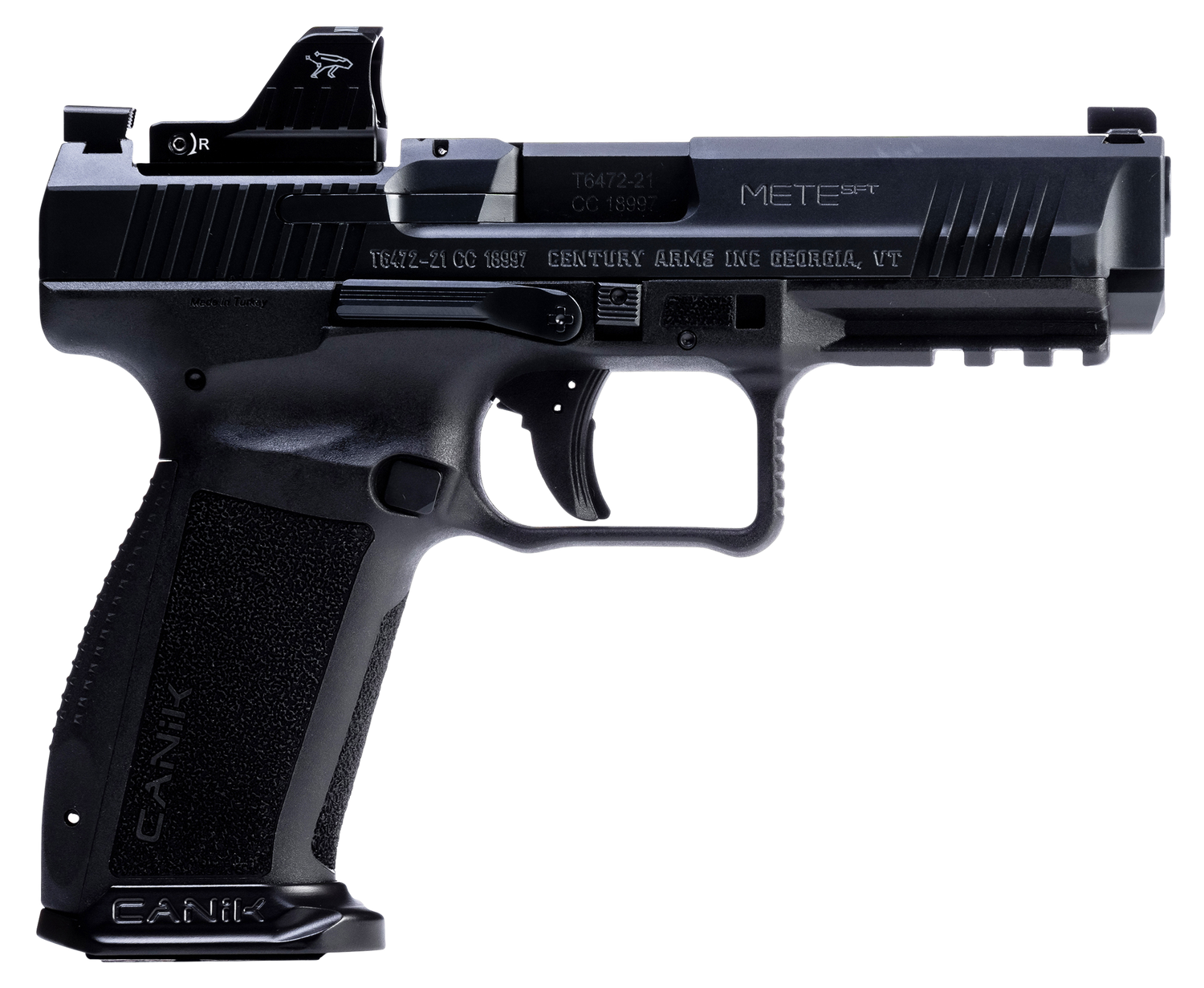 Canik Mete SFT Full Size Pistol HG7164N, 9mm, 4.46", Aggressive Textured Polymer Grips, Black Finish, w/MeCanik M01 Optic, Ambidextrous, 20 Rds