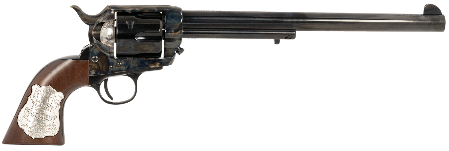 Cimarron Buntline Revolver PP558, 45 LC (Long Colt), 10in, Walnut w/Inlaid Silver Medallion Grips, Blued Steel Finish, 6 Rds