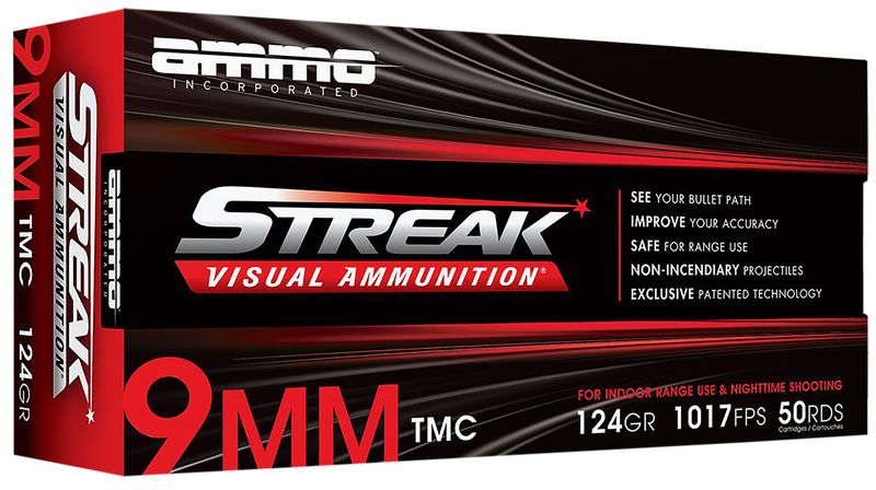 Ammo Inc Streak Visual (RED) Self Defense Pistol Ammunition 9124TMCSTRKRED50, 9mm Luger, Total Metal Case, 124  GR, 1065  fps, 50 Rd/bx