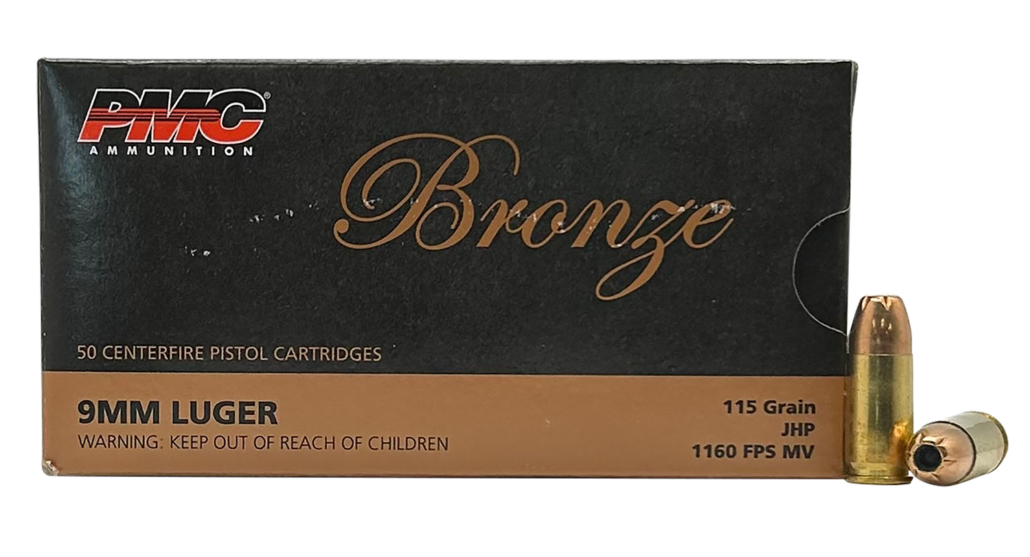 PMC Bronze Line Pistol Ammunition 9B, 9mm, Jacketed Hollow Point (JHP), 115 GR, 1160 fps, 50 Rd/bx
