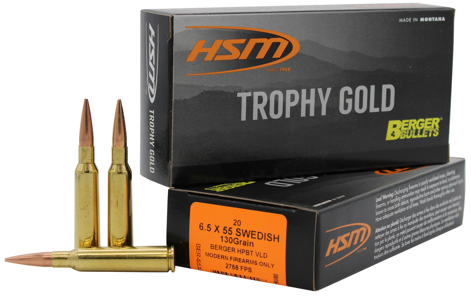 HSM Custom Plus Rifle Ammunition BER65X55130V, 6.5mmX55mm, Boat Tail Hollow Point (HP), 130 GR, 2760 fps, 20 Rd/bx