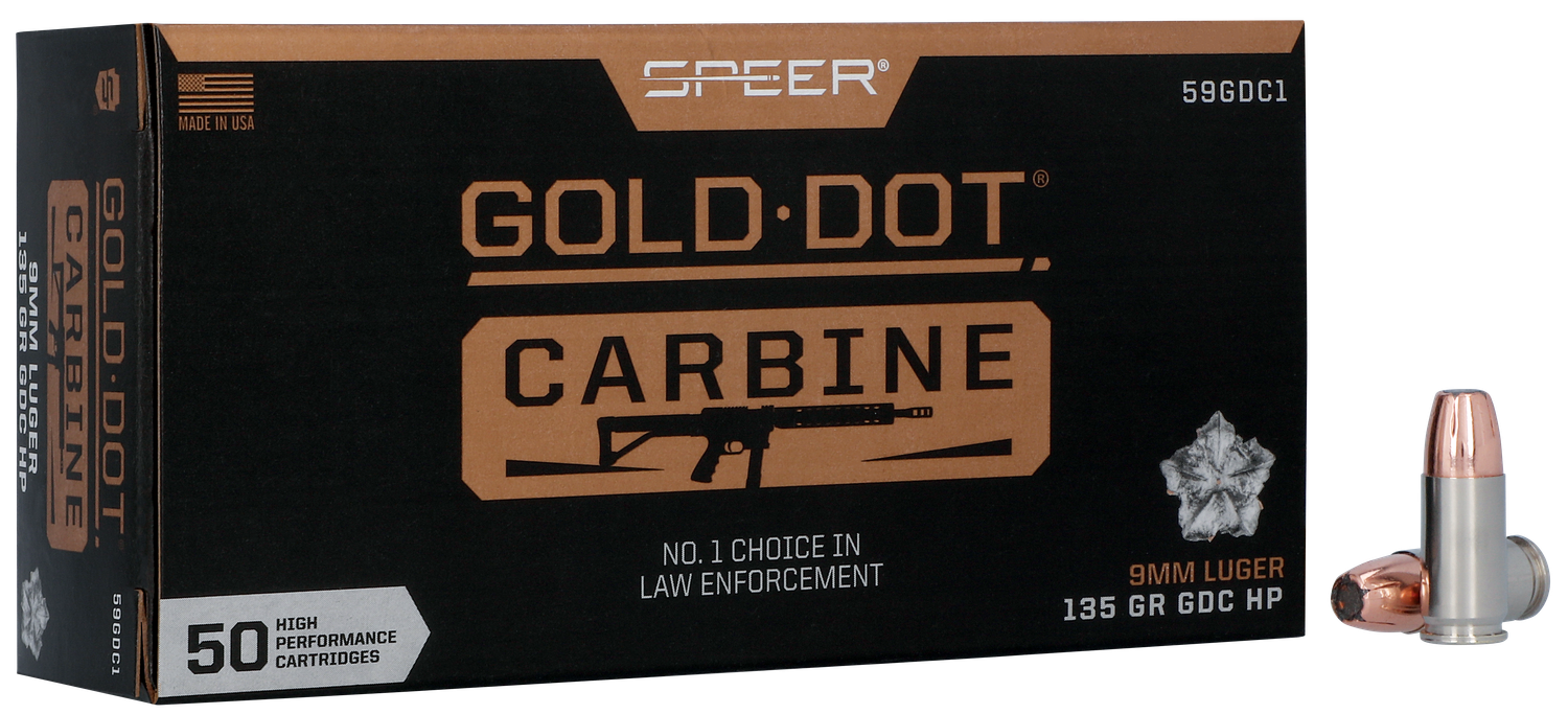 Speer Gold Dot Carbine Ammunition 59GDC1, 9MM,  Gold Dot HP, 135 GR, 1170 fps, 50 Rd/bx