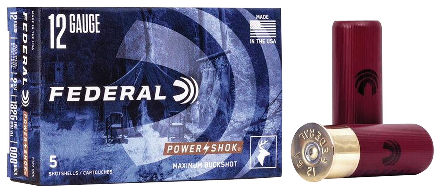 Federal Premium Power Shok F127000, 12 Gauge, 2-3/4", 8 Pellets, 1325 fps, #000 Lead Buckshot, 5 Rd/bx