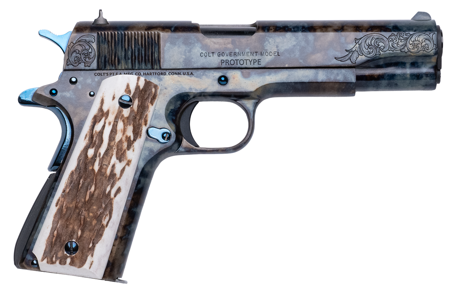 Custom & Collectible Colt Government Tradition Pistol CNCTRADITION, 45 ACP, 5in, Stag Grips, Color Case Hardened Finish, 7 Rds
