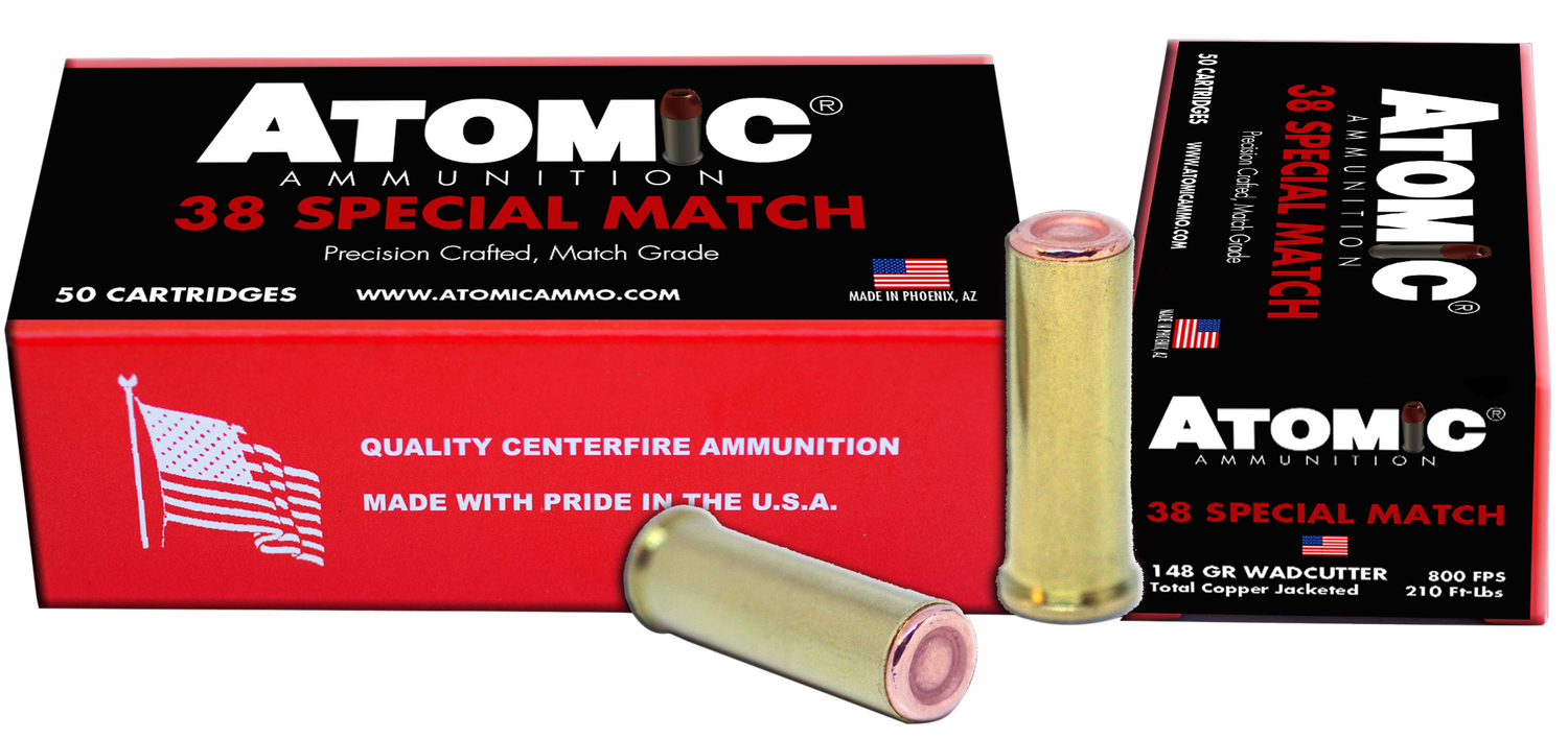Atomic Match Pistol Ammunition 00449, 38 Special, Hollow Base Wadcutter, 148 gr, 800 fps, 50 Rd/Bx