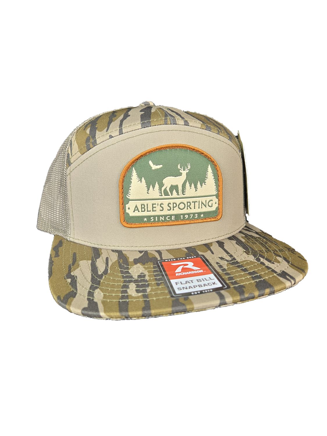 Able's Cap Mossy Oak Bottomlands, Loden Mesh Richardsons 168P Printed 7 Pannel Trucker (ACMOBLLDEER)