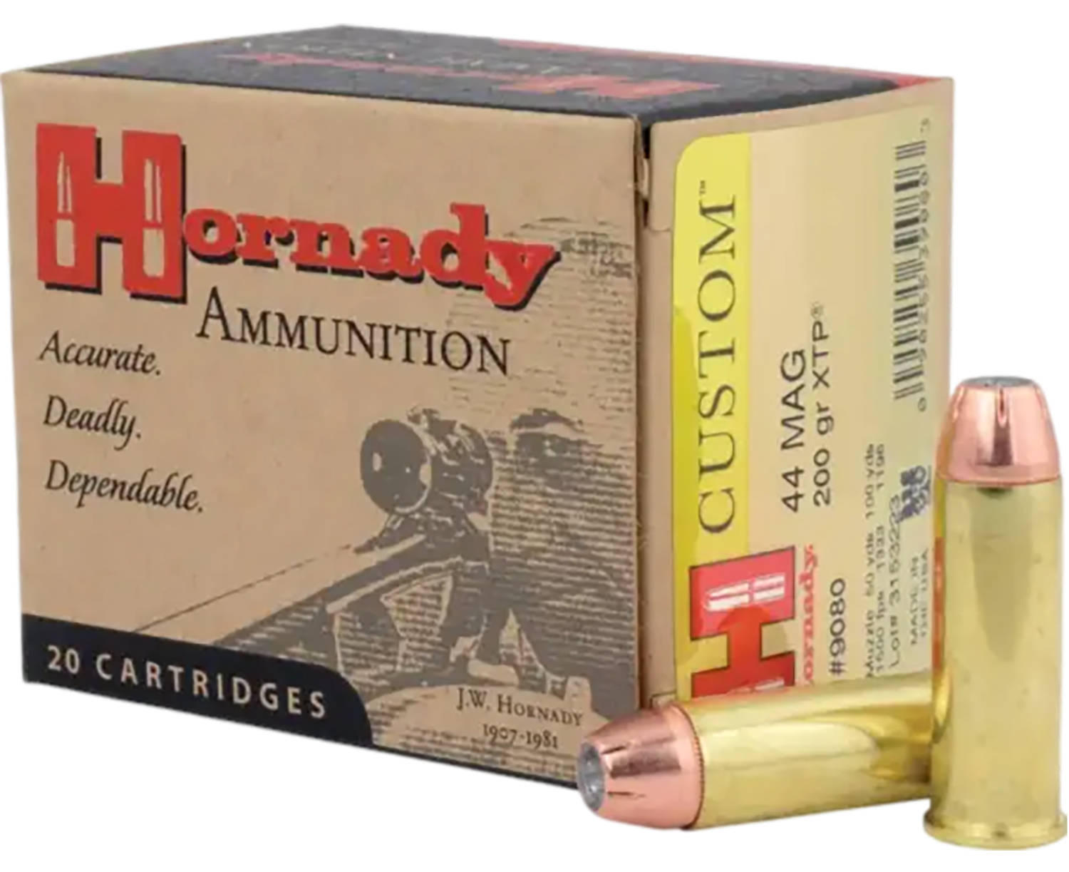 Hornady Handgun Ammunition 9080, 44 Remington Mag, XTP Jacketed Hollow Point (HP), 200 GR, 1500 fps, 20 Rd/bx