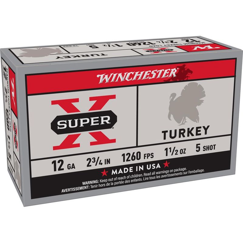 Winchester Super X Turkey Shotshells X12MT5, 12 Gauge, 2-3/4", 1-1/2 oz, 1260 fps, #5 Copper Plated Lead Shot, 10 Rd/bx