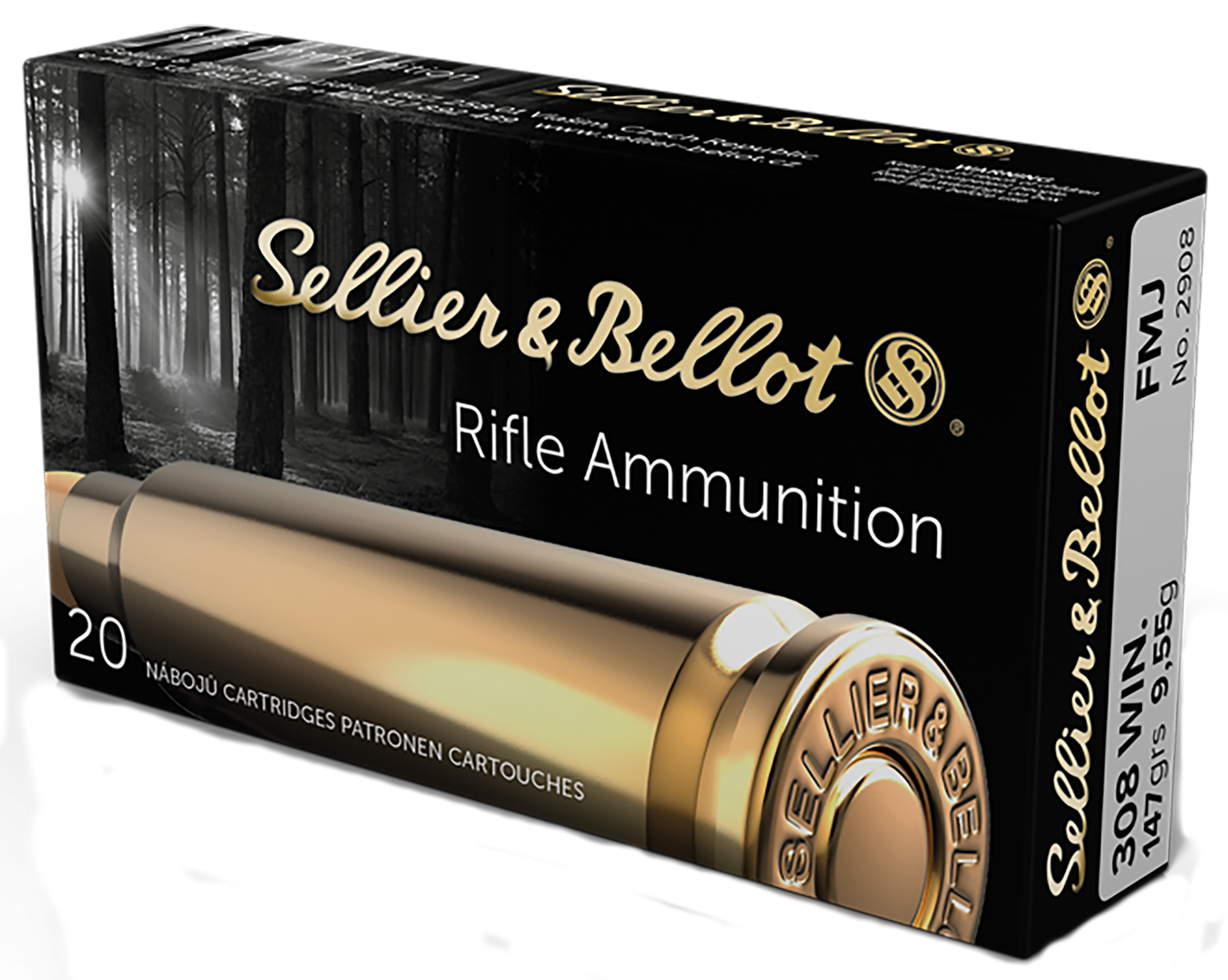 Sellier & Bellot Rifle Ammuntion SB308A, 308 Winchester, Full Metal Jacket (FMJ), 147 GR, 2800 fps, 20 Rd/bx