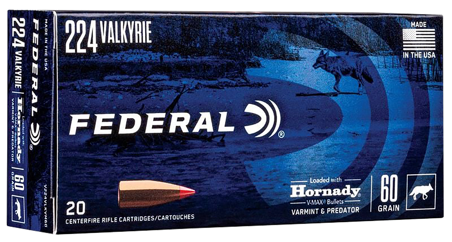 Federal Varmint & Predator Rifle Ammunition V224VLKVM60, 224 Valkyrie, Hornady V-Max (VMX), 60 gr, 3300 fps, 20 Rd/Bx