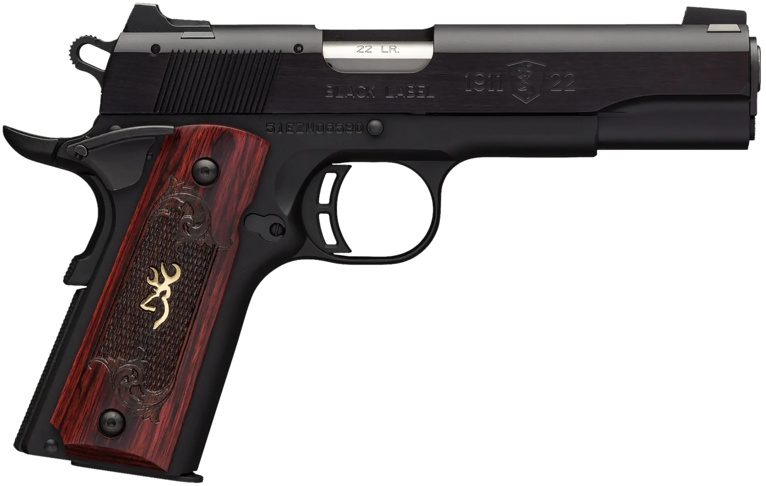 Browning 1911-22 Black Label Medallion Pistol 051851490, 22 Long Rifle (LR), 4.25", Rosewood Grips, Matte Black Finish, 10 Rds