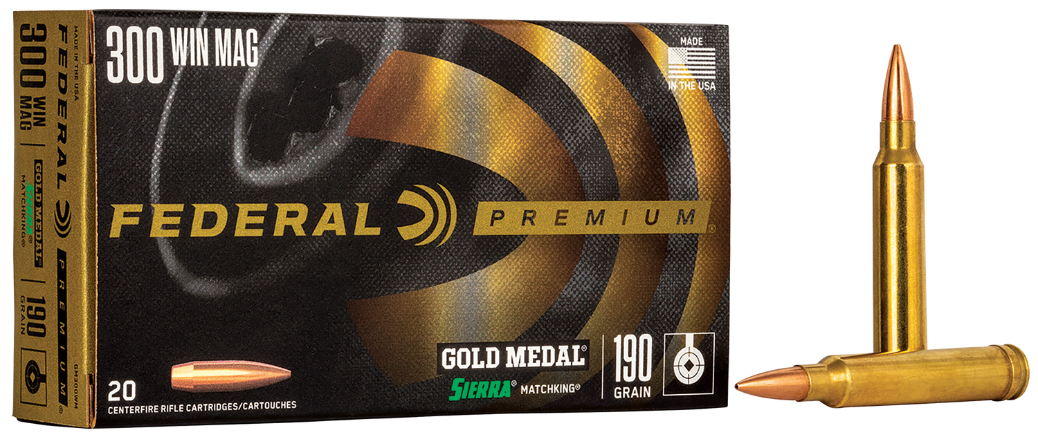 Federal Premium Gold Medal Rifle Ammunition GM300WM, 300 Winchester Mag, Sierra MatchKing BTHP, 190 GR, 2900 fps, 20 Rd/bx