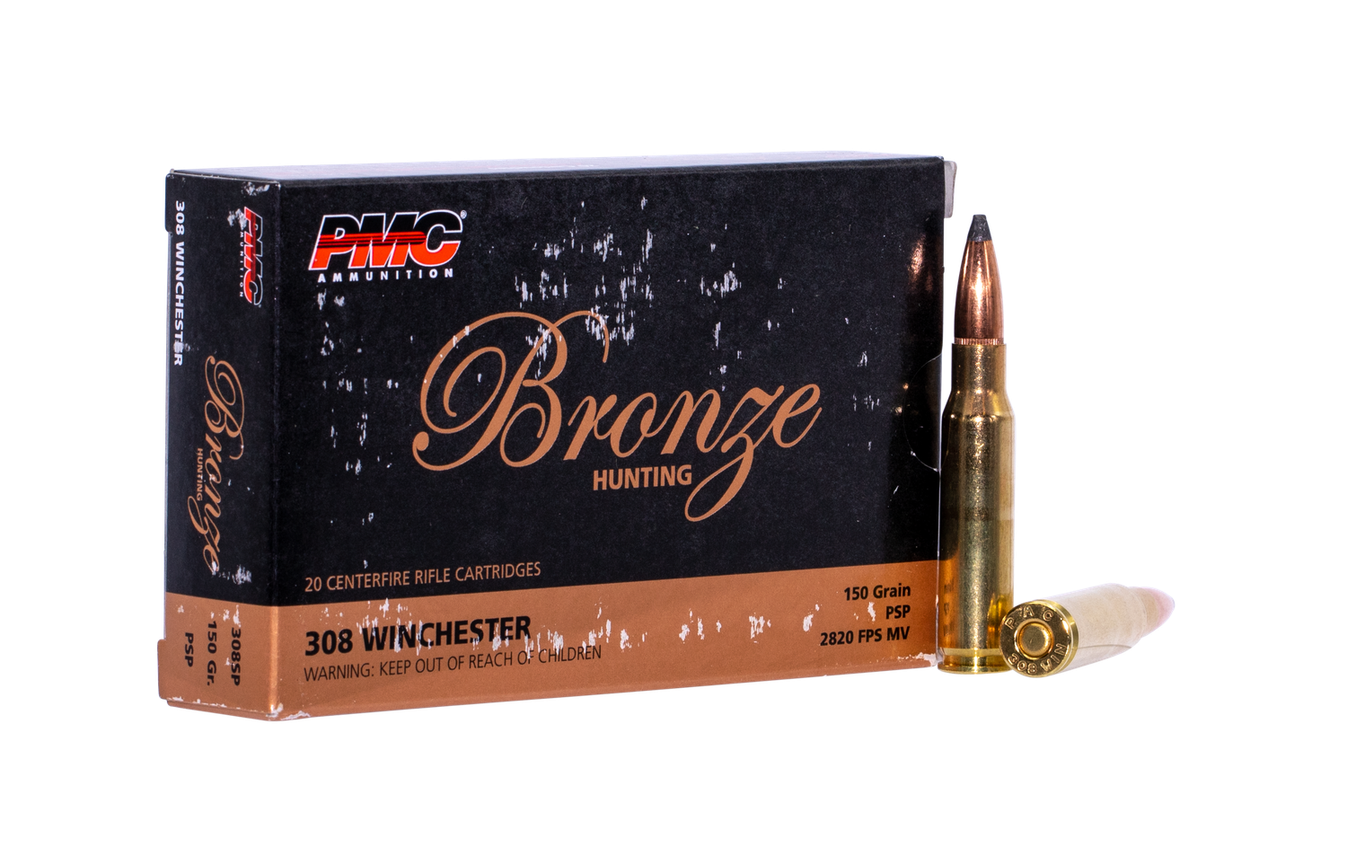 PMC Bronze Rifle Ammunition 308SP, 308 Win, Pointed Soft Point, 150 gr, 2820 fps, 20 Rd/Bx