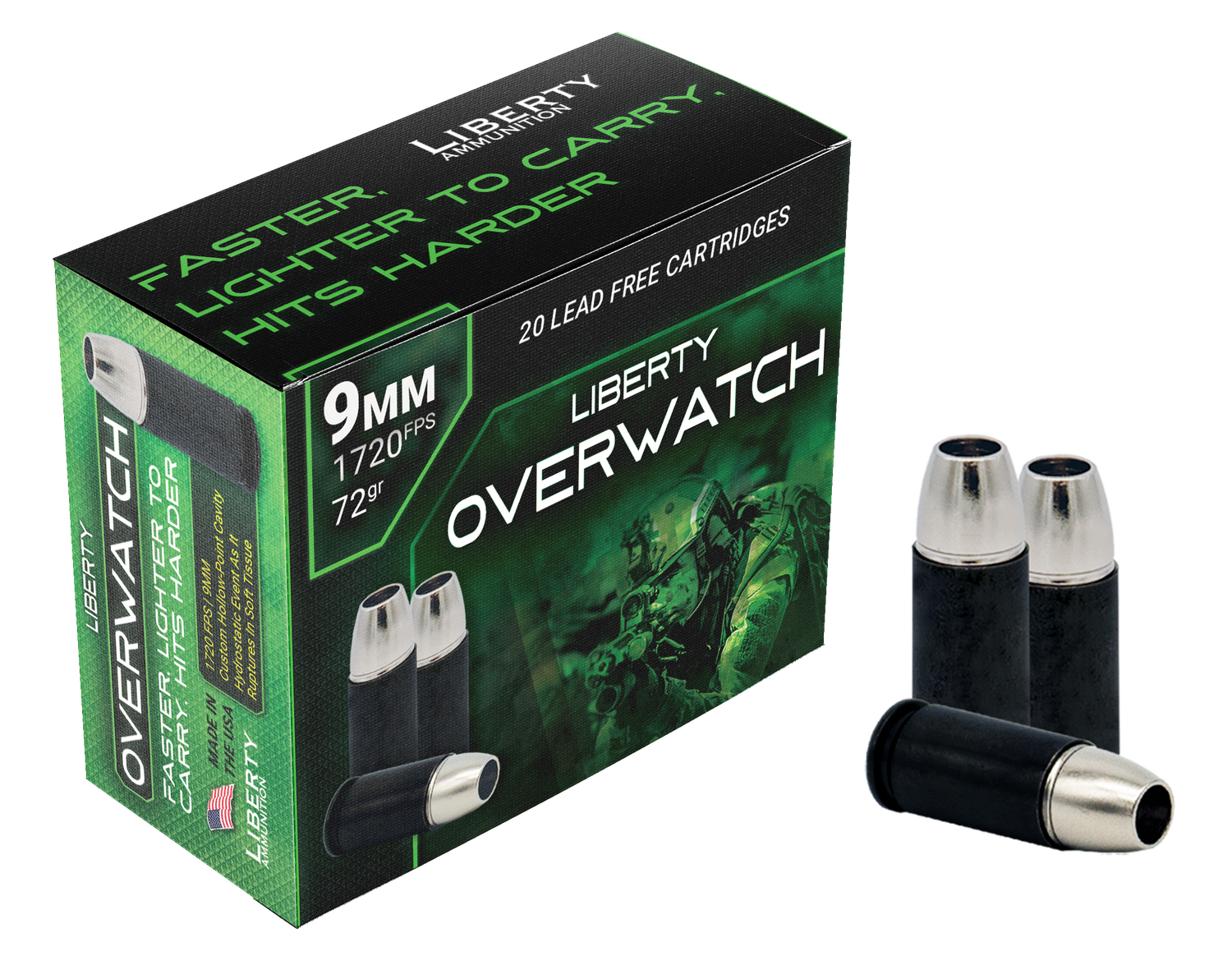 Liberty OverWatch Pistol Ammunition LAOW9MM721700, 9mm Luger, Open Cavity Design (OCD), 72 gr, 1720 fps, 20 Rd/Bx