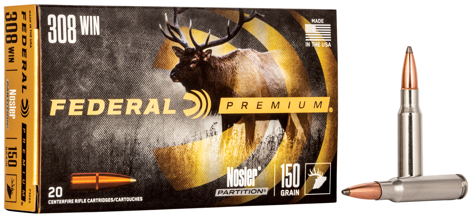 Federal Premium Vital-Shok Rifle Ammunition P308S, 308 Winchester, Nosler Partition, 150 GR, 2840 fps, 20 Rd/bx