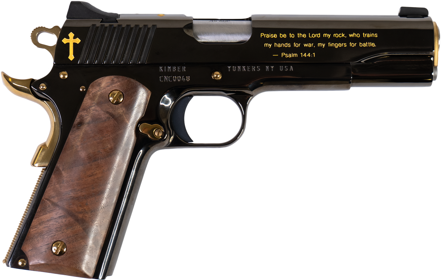 Custom & Collectible Kimber 1911 Crusader Pistol CNCCRUS1911, 45 ACP, 5in, Walnut Grips, Diamond Like Coating w/24kt Gold Inlay Finish, 7 Rds