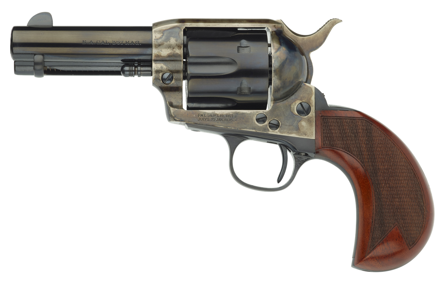 Taylors 1873 Cattleman Revolver 555132, 357 Mag, 3.50", Checkered Birdshead Walnut Grips, Blued Finish, 6 Rd