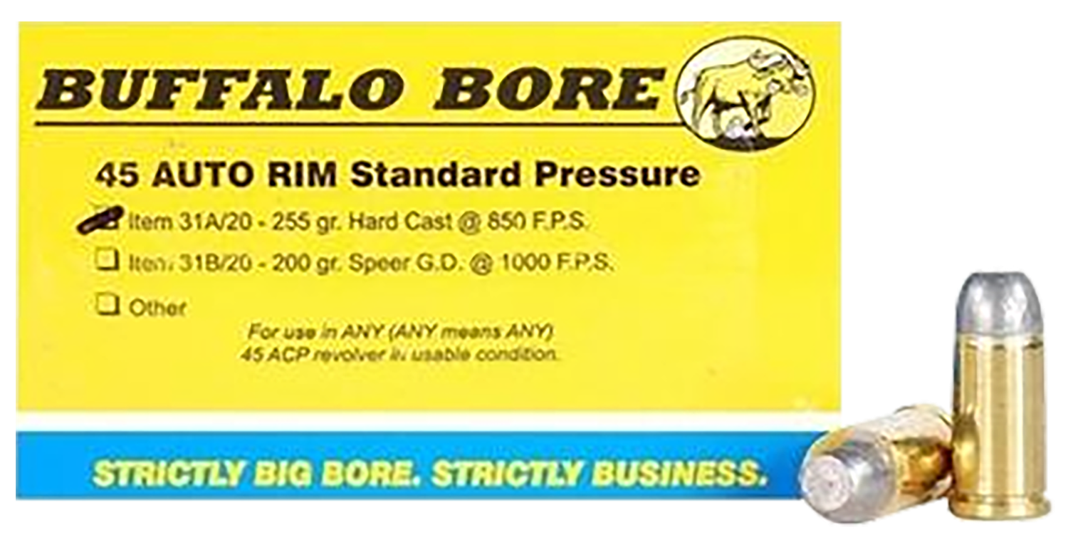 Buffalo Bore Handgun Ammunition 31A/20, 45 Auto Rim, Hollow Core Flat Nose (FN), 255 GR, 850 fps, 20 Rd/Bx