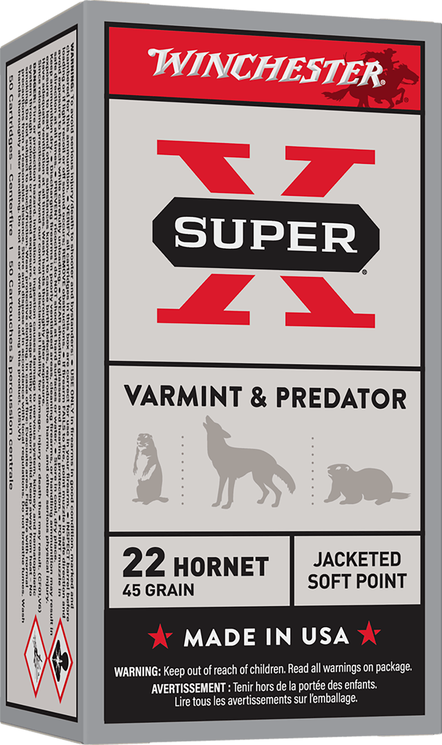 Winchester Super-X Rifle Ammunition X22H1, 22 Hornet, Soft Point (SP), 45 GR, 2690 fps, 50 Rd/bx
