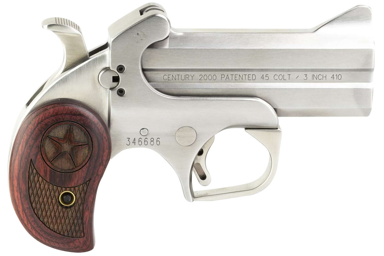 Bond Arms Century 2000 Derringer BAC2K, 410 GA / 45 Long Colt, 3-1/2", Lam Rosewood/Black Ash Grip, Satin Stainless Finish, 2 Rds