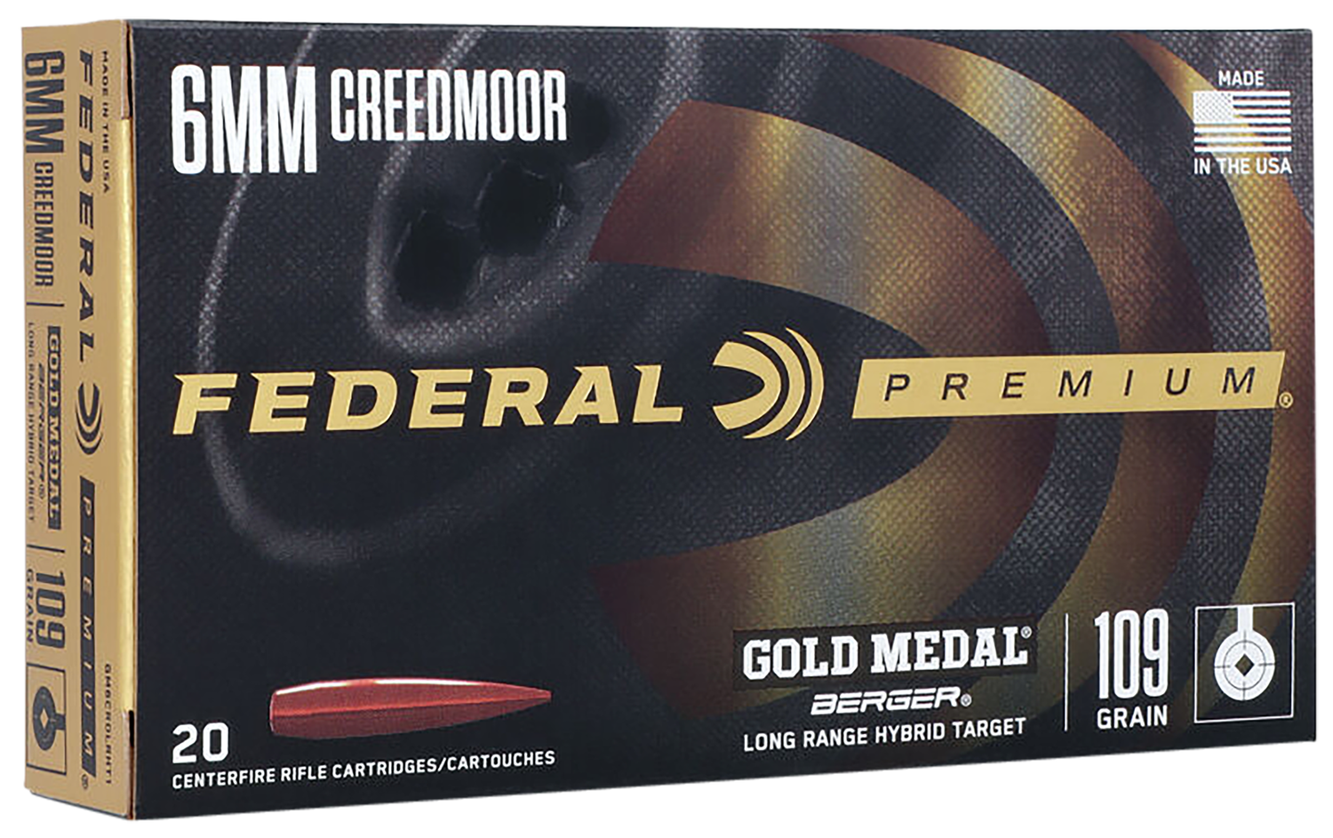 Federal Premium Gold Medal Rifle Ammunition GM6CRDLRHT1, 6mm Creedmoor, Berger Long Range Hybrid Target, 109 gr, 2975 fps, 20 Rd/Bx