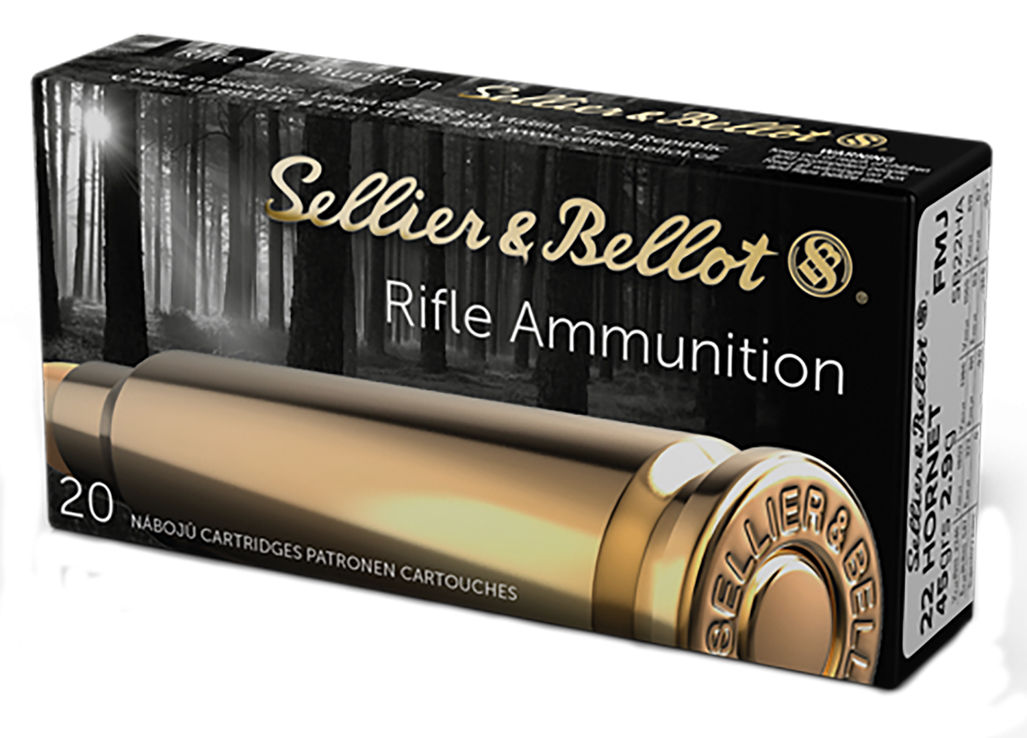 Sellier & Bellot Rifle Ammuntion SB22HA, 22 Hornet, Full Metal Jacket (FMJ), 45 GR, 2690 fps, 20 Rd/bx