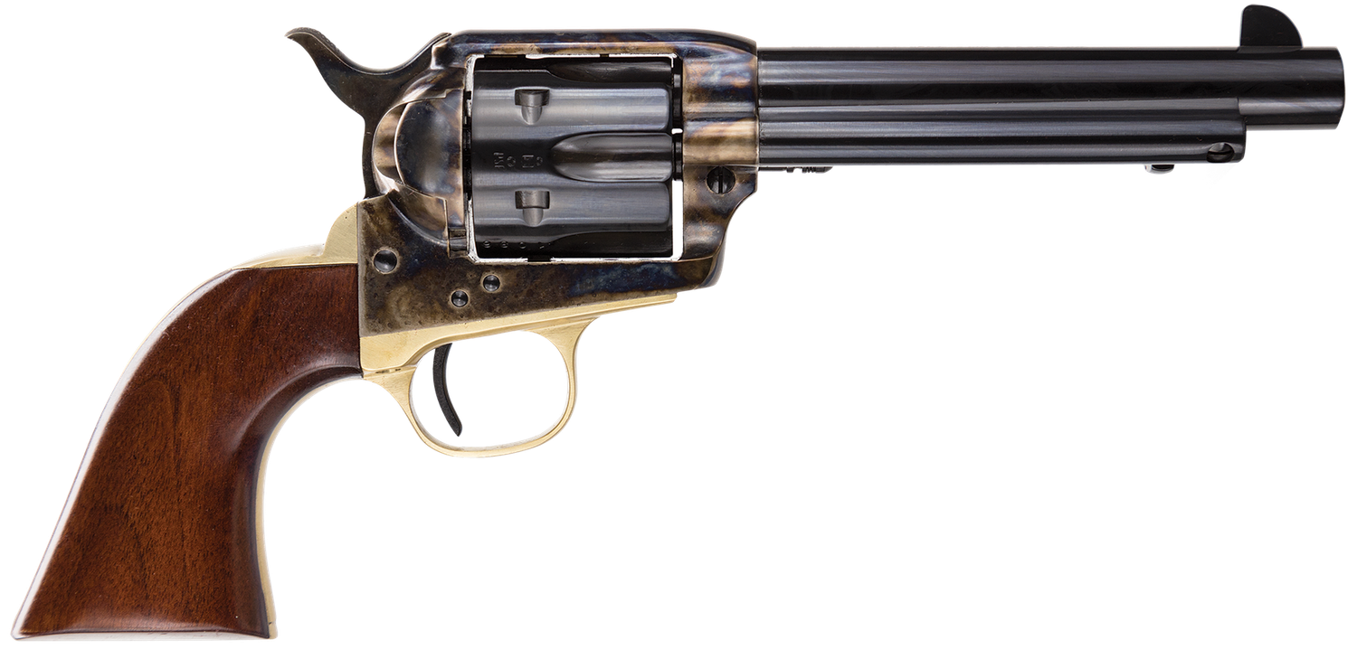 Taylors Single Action 1873 Cattleman Revolver 451, 45 Long Colt, 5 1/2 in, Wood Grip, Case Hard Blue/Brass Backstrap/Trigger Guard, 6 rd