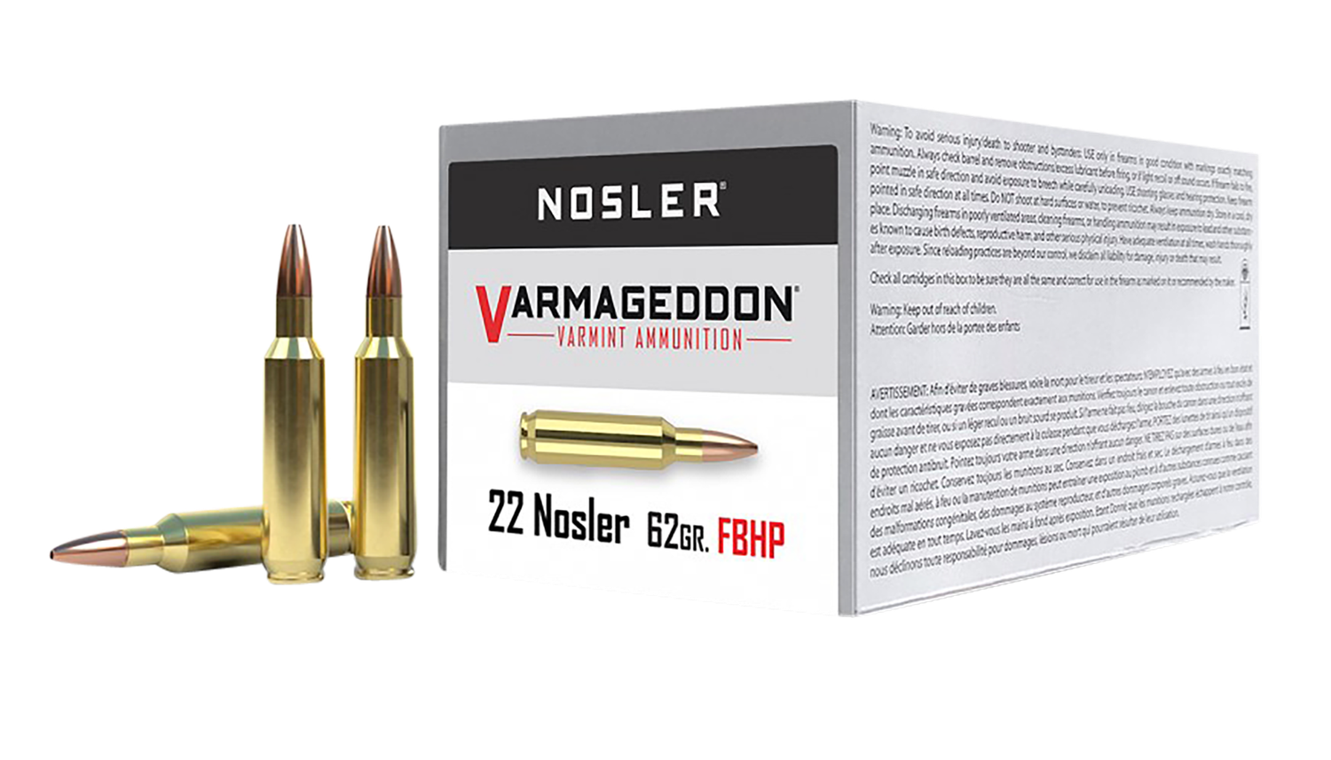 Nosler Varmageddon Rifle Ammunition 65180, 22 Nosler, Flat Base Hollow Point, 62 gr, 3250 fps, 50 Rd/Bx