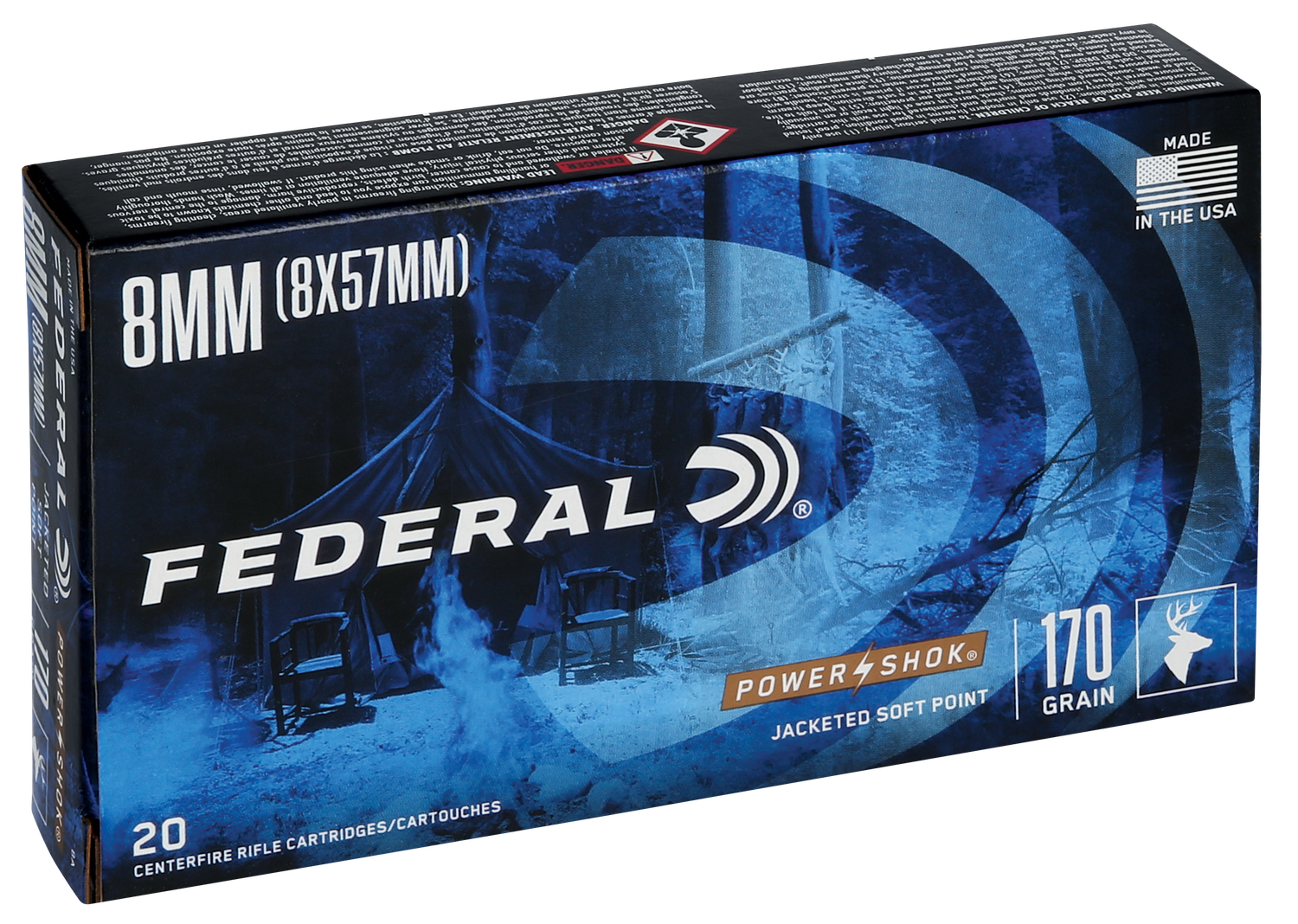 Federal Power Shok Rifle Ammunition 8A, 8mm Mauser, Soft Point (SP), 170 GR, 2360 fps, 20 Rd/bx