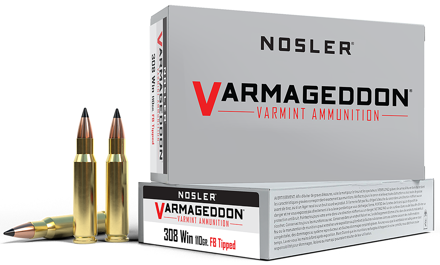 Nosler Varmint Rifle Ammunition 40272, 308 Winchester/7.62 NATO, Flat Base Tip, 110 GR, 3150 fps, 20 Rd/Bx