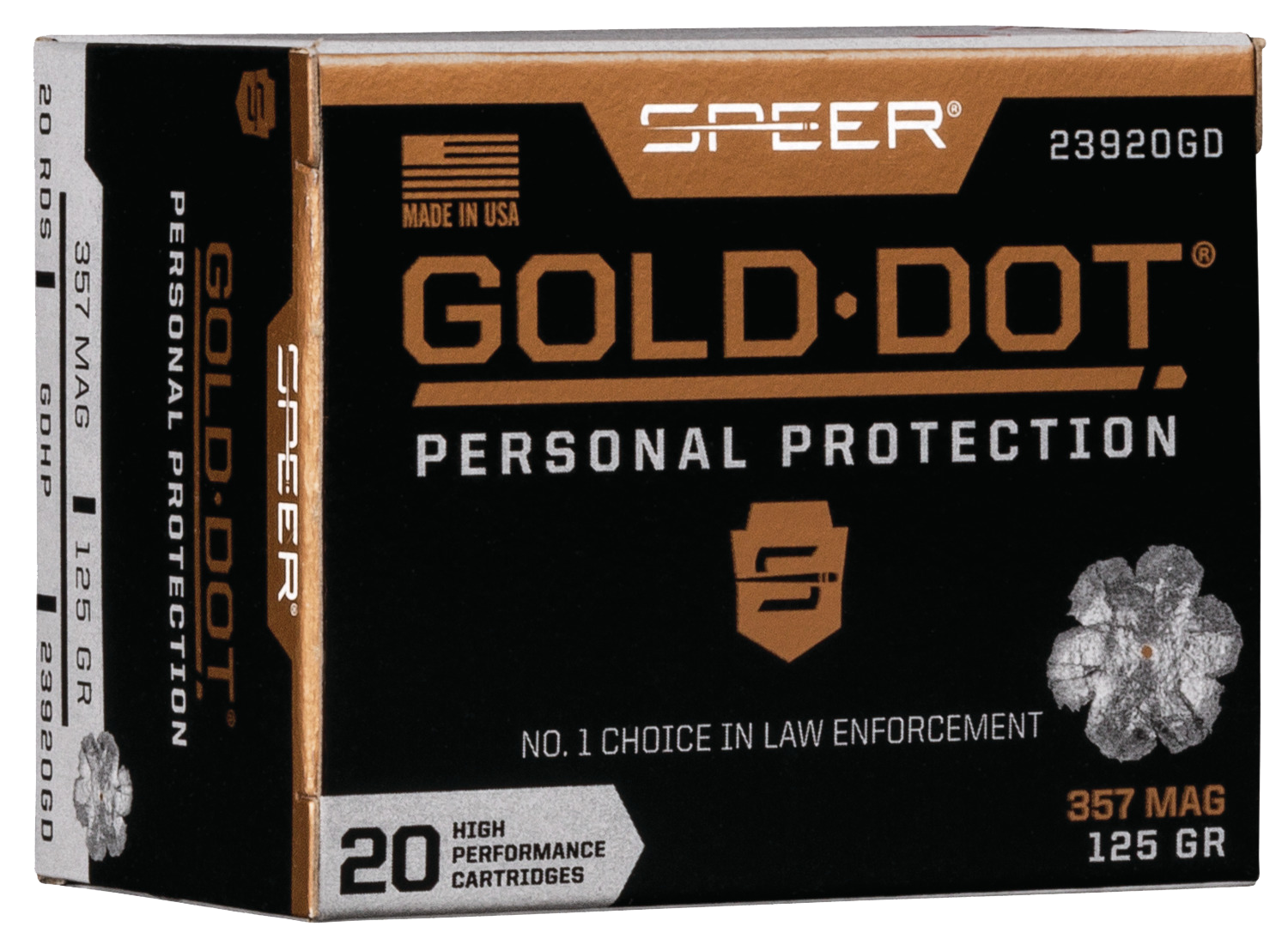 Speer Gold Dot Personal Protection Handgun Ammunition 23920GD, 357 Mag, Gold Dot HP, 125 GR, 1450 fps, 20 Rd/bx