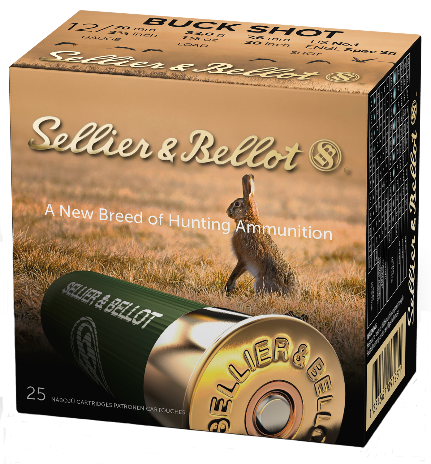 Sellier & Bellot Shotgun Ammuntion SB12BSF, 12 Gauge, 2-3/4", 12 Pellets, #1 Lead Buckshot, 25 Rd/bx