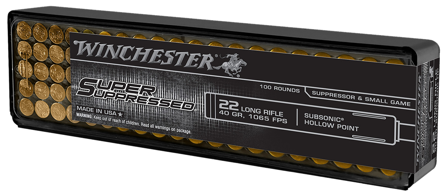 Winchester Super Suppressed Rimfire Ammunition SUP22LRHP, 22 LR, Lead Hollow Point, 40 gr, 1065 fps, 100 Rds/Bx
